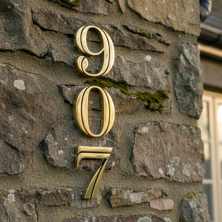 Polished brass house numbers '907' mounted on a rustic stone wall.