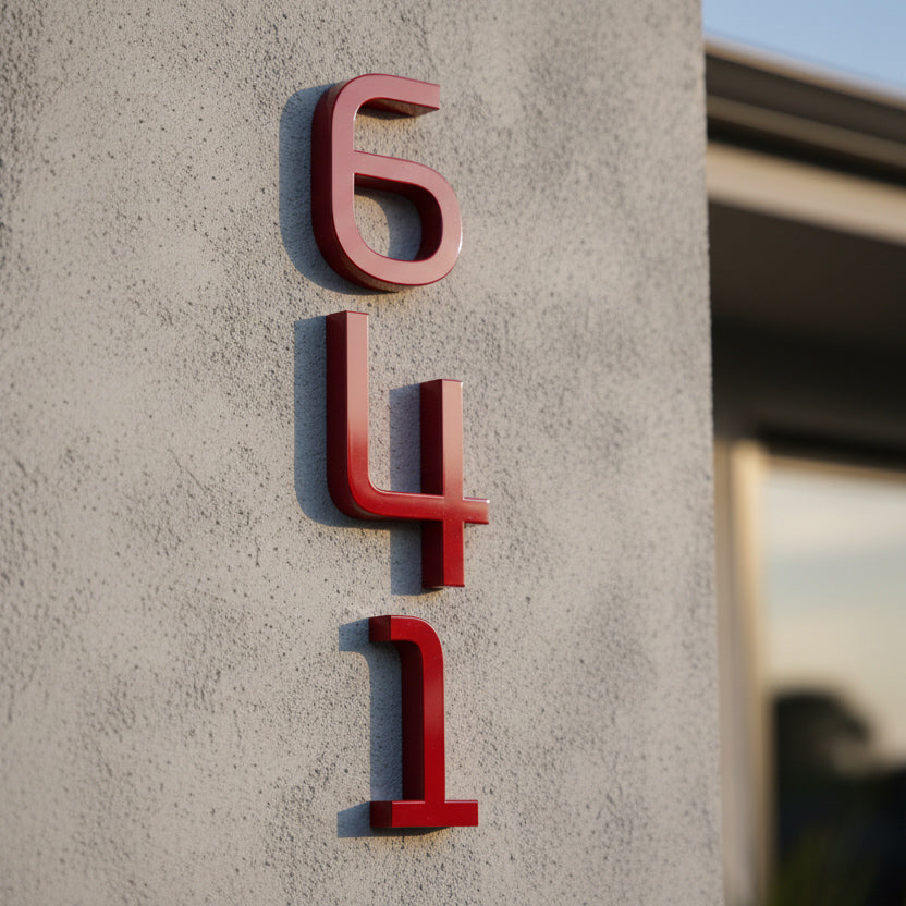 Red house numbers '641' on a concrete wall