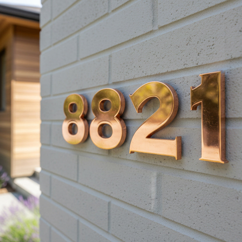 Copper house numbers '8821' on a light gray brick wall.