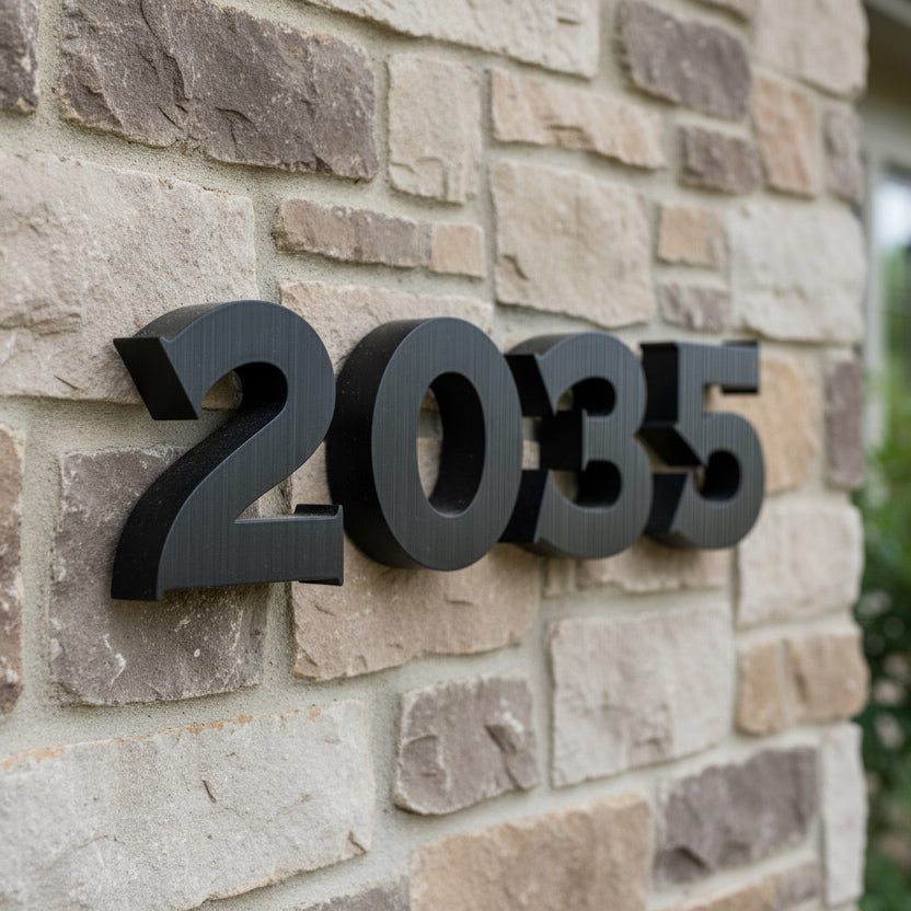 Black house numbers '2035' on a stone wall