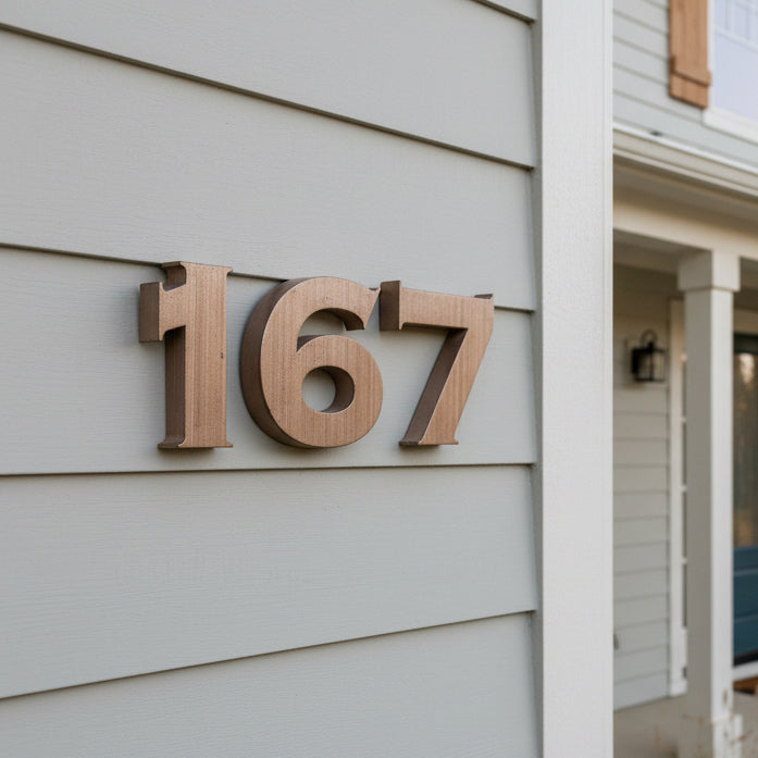 House numbers '167' on a gray house exterior