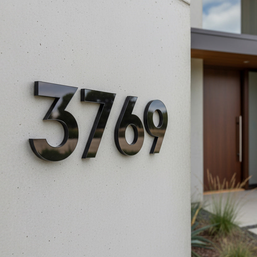 Modern house exterior with metallic house numbers '3769' on a light gray wall.