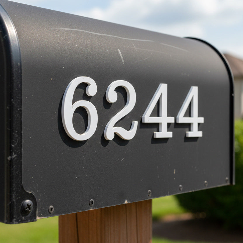 Black mailbox with white house numbers '6244' against a blurred outdoor background