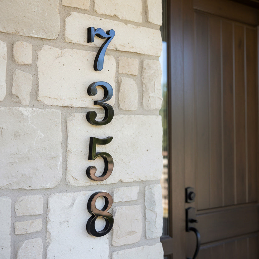 black House numbers '7358' on a stone wall next to a door