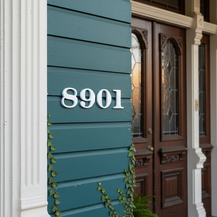 white House number '8901' on a teal wall with a brown door in the background