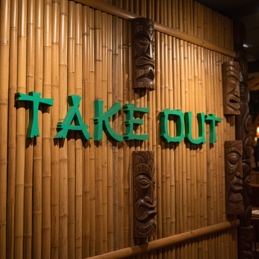 Green 'TAKE OUT' sign on a wooden wall with tiki decorations