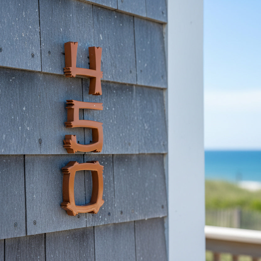 House numbers '450' on a wooden wall with a beach view in the background