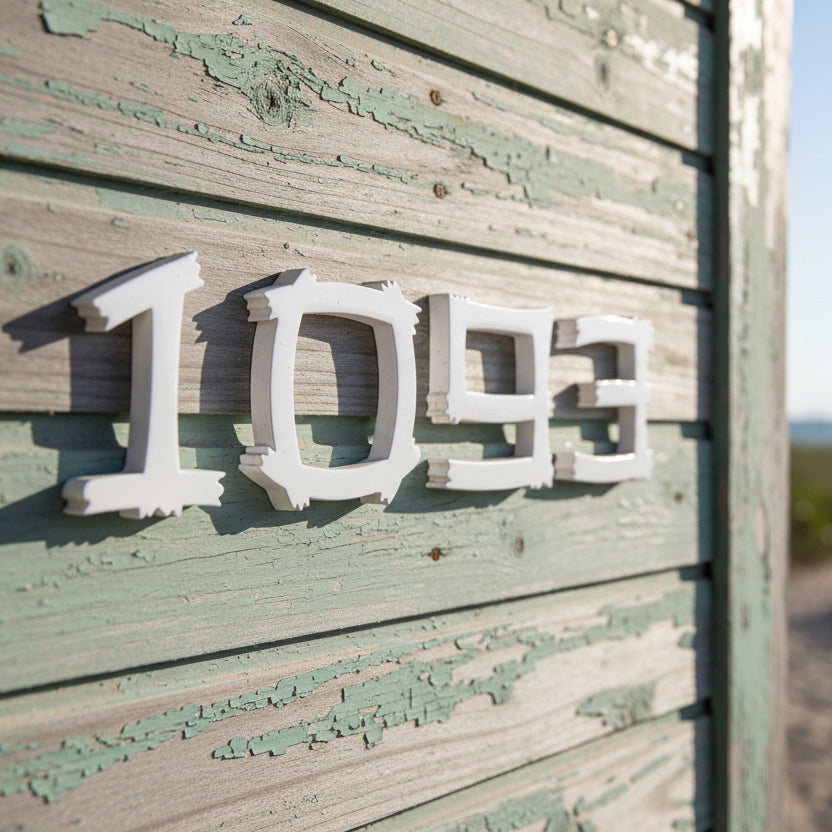 White house numbers '1093' on a weathered wooden wall.