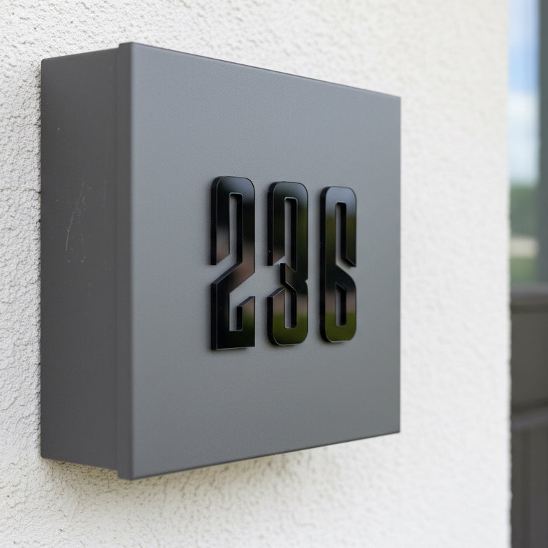 Modern house number '238' on a gray box mounted on a textured wall.