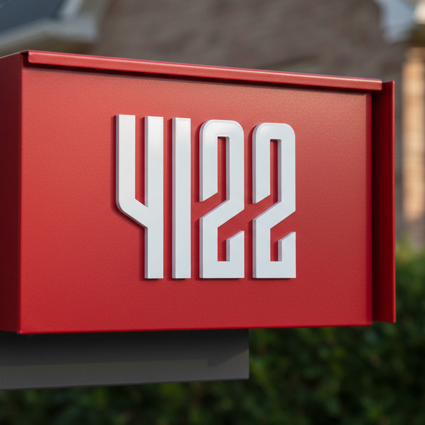Red mailbox with white numbers '4122' against a blurred outdoor background