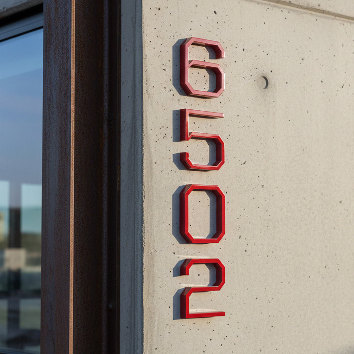 Red numbers '6502' on a concrete wall.