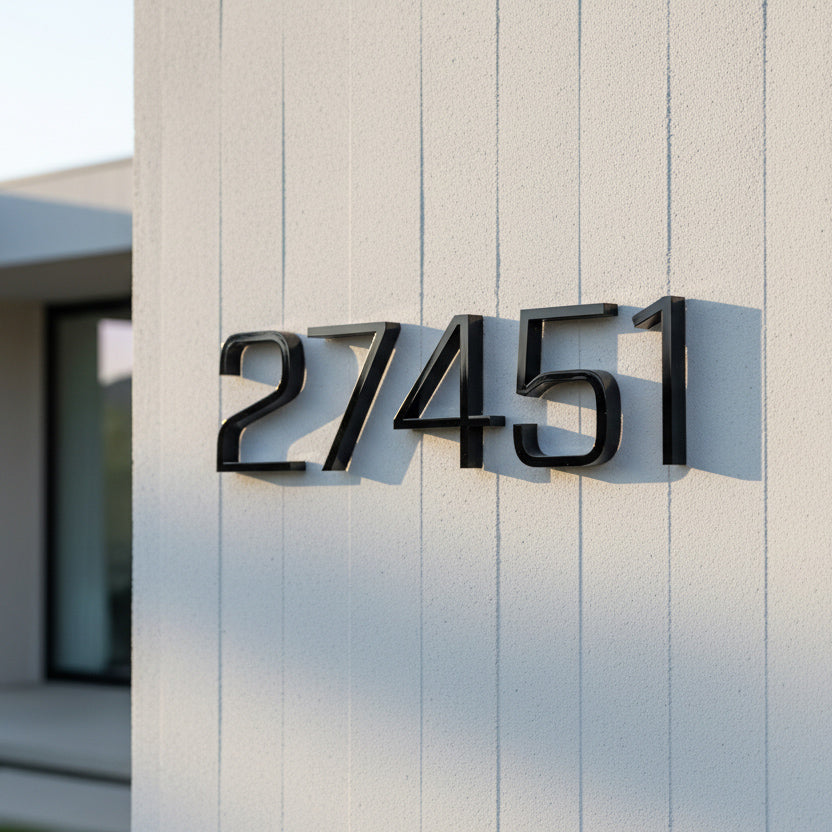 Modern house exterior with black house numbers '27451' on a light gray wall.