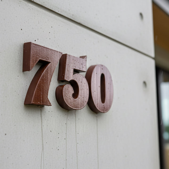 Wooden house numbers '750' on a light-colored wall.