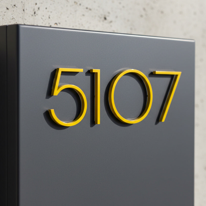 Yellow Modern house number '5107' on a gray mailbox