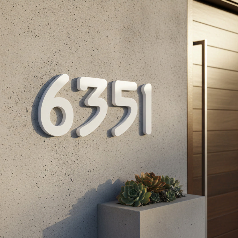 White Modern house numbers '6351' on a concrete wall with a plant below.