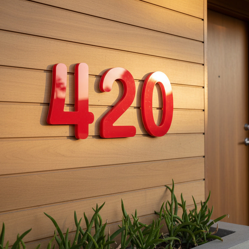 Red house numbers '420' on a wooden wall with plants in the foreground