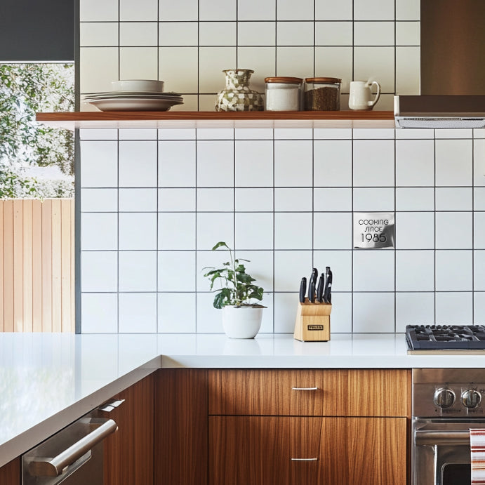 a 1970's style kitchen with white tile backsplash and floating wood shelf. Aluminum accent tile plaque behind the stove reads "cooking since 1985"