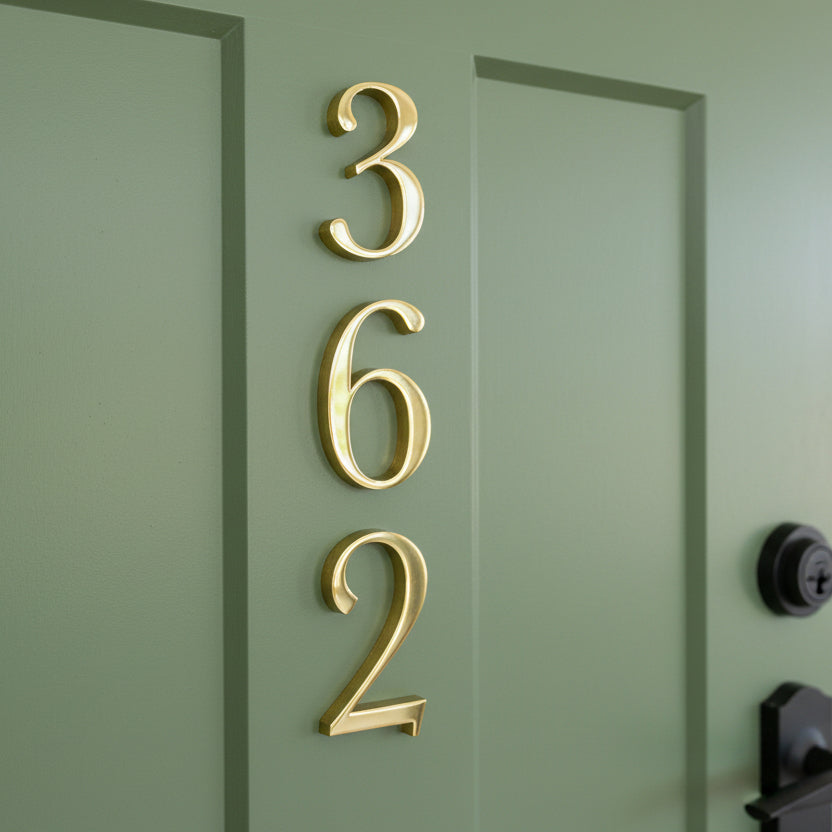 Solid Brass house numbers '362' on a green door