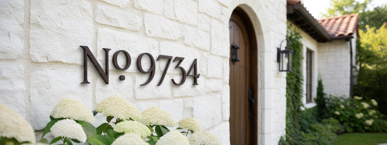 House number 'No. 9734' on a stone wall with flowers and garden.