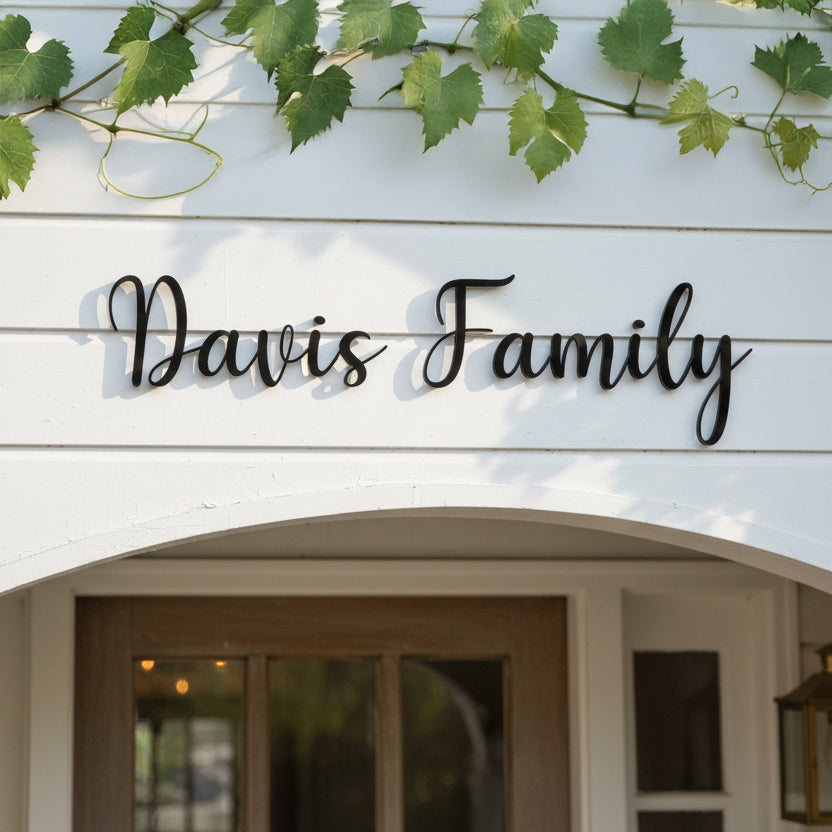 Decorative sign with 'Davis Family' on a building facade with greenery.