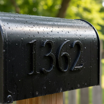 Black mailbox with numbers '1362' on a blurred green outdoor background