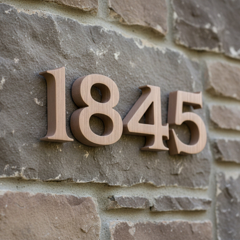 Wooden house number '1845' on a stone wall