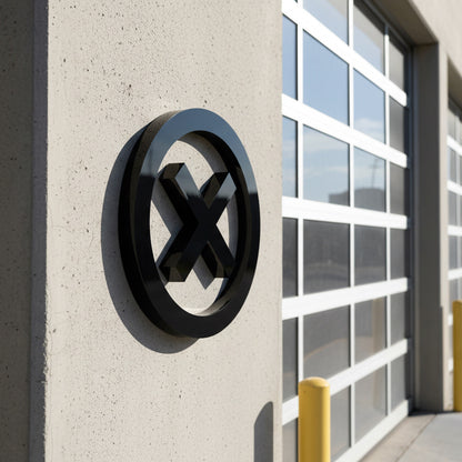 Black circular logo on a concrete wall next to a glass door