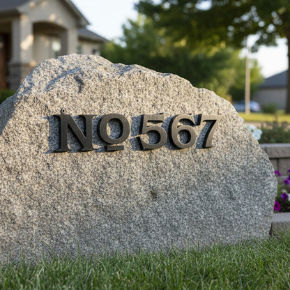 Granite rock with house number '567' in a garden setting.