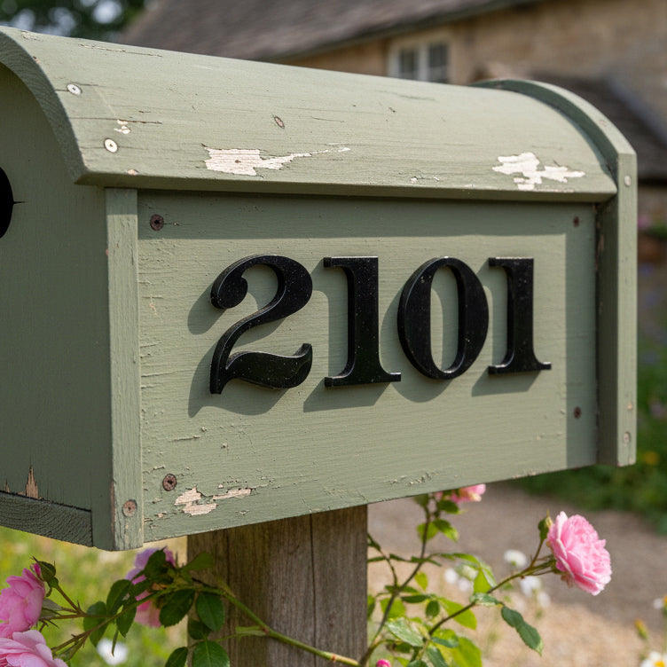 Green mailbox with black house numbers '2101' in a garden setting.