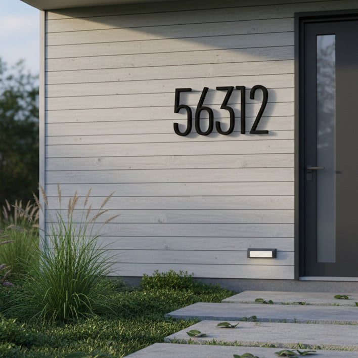 Modern house exterior with house numbers '56312' on a wooden facade.
