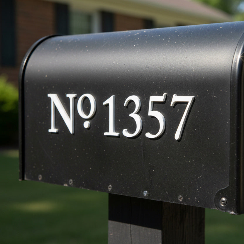 Black mailbox with white numbers '1357' in a residential area