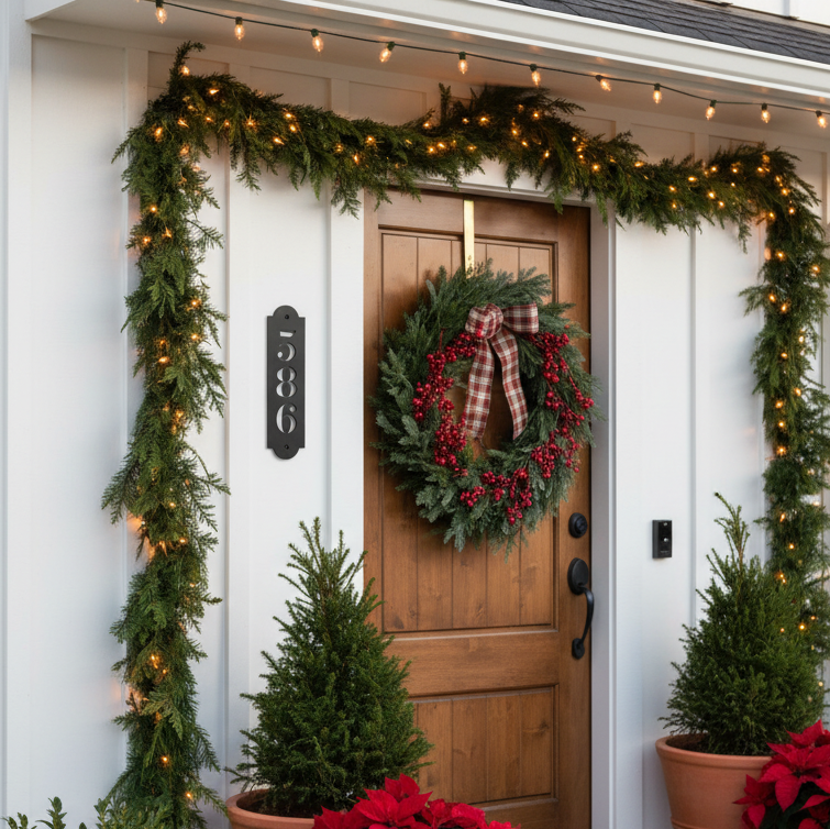 Decorative Christmas wreath with berries and plaid ribbon on a wooden door with green garland and lights. House Number sign in black