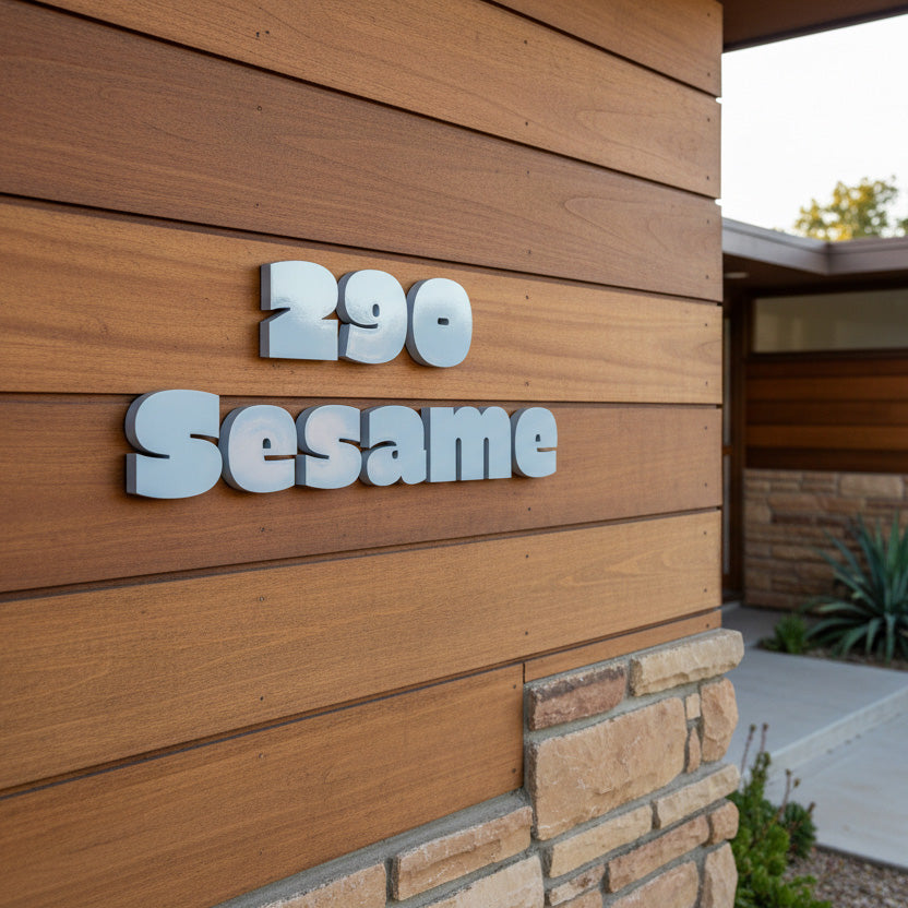 Address sign '290 Sesame' on a wooden building exterior