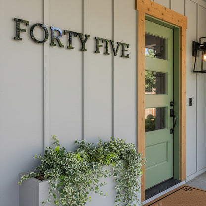 Front door of a house with 'FORTY FIVE' sign above it, green door, and plant on left.