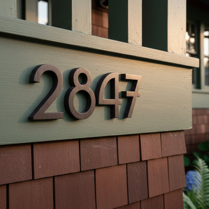 House number '2847' on a wooden plaque with a blurred background