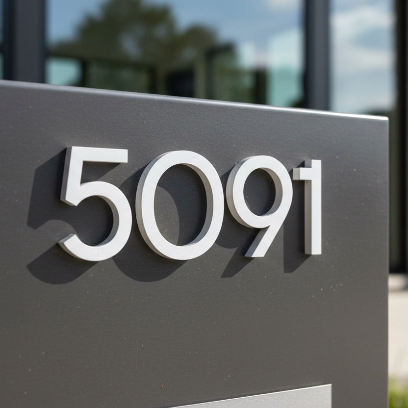 Address sign with numbers '5091' on a gray background