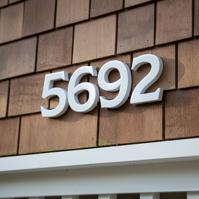 White house numbers '5692' on a brown shingle roof