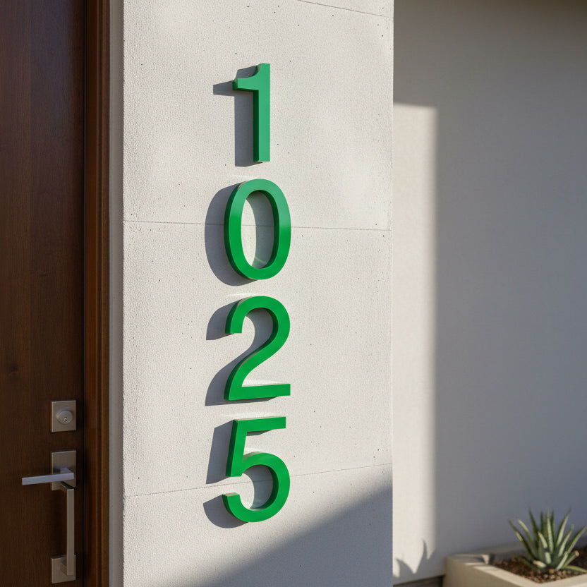 Green Modern house number '1025' on a concrete wall with a plant in the background.