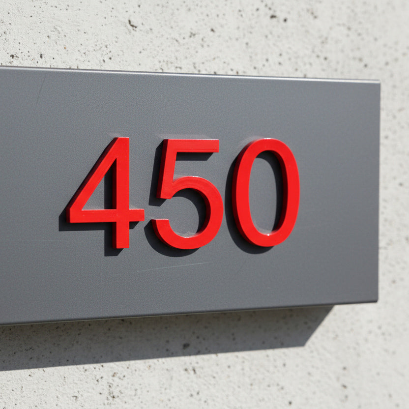 Red house number '450' on a gray background