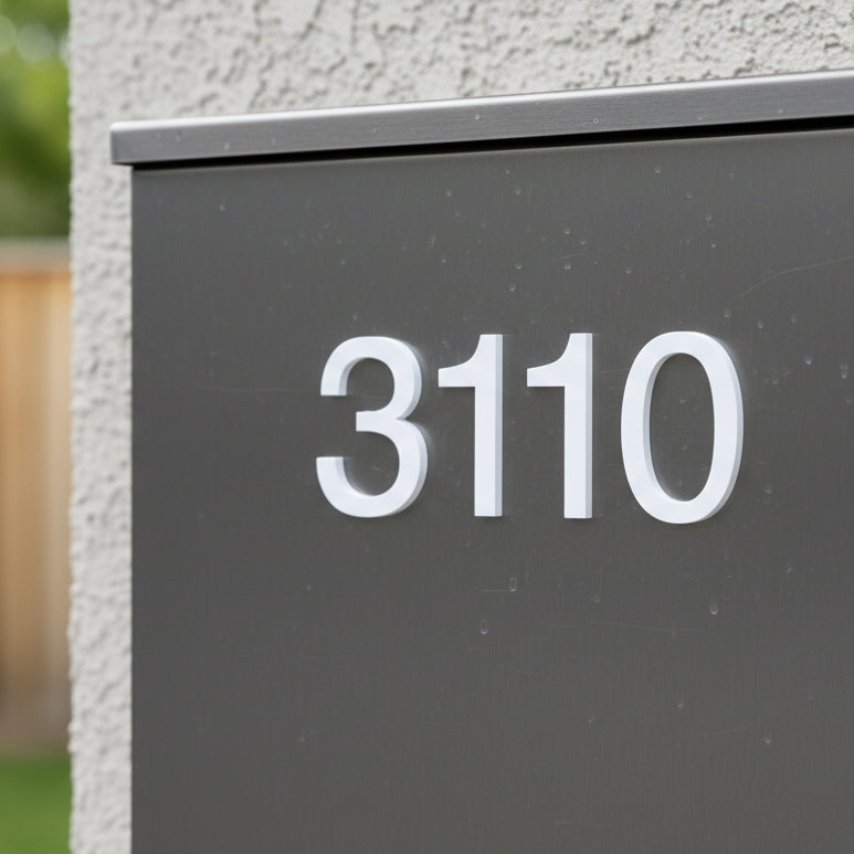 Modern house number '3110' on a gray plaque against a textured wall.