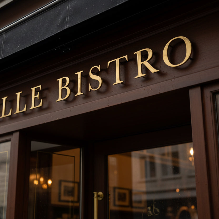 Storefront with 'BELLE BISTRO' sign in polished brass lettering