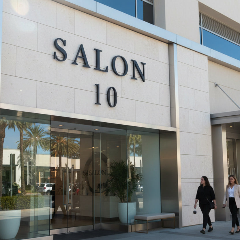 Business entrance with glass doors and 'SALON 10' made with painted acrylic commercial signage on a building facade.