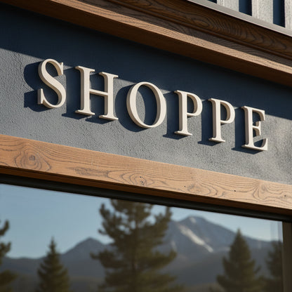 Painted acrylic commercial signage with 'SHOPPE' text on a building exterior, with mountains reflected in the glass below.