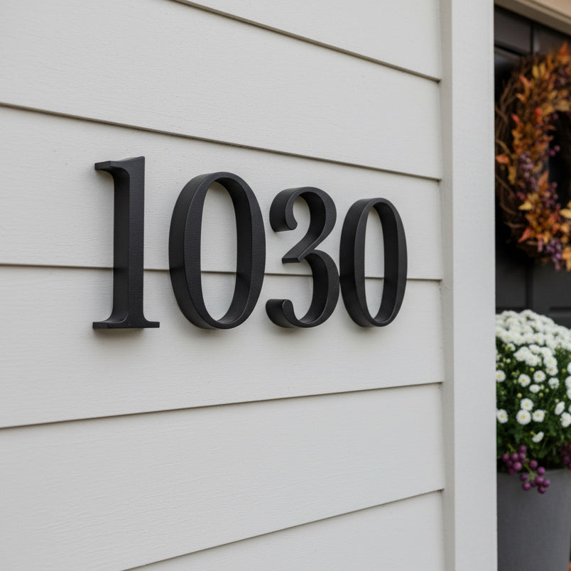 Black house numbers '1030' on a light-colored wall with a wreath and flowers in the background.