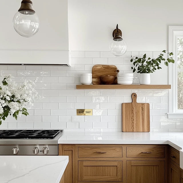 White and wood kitchen with white subway tile  and plaster hood. Marble countertops and wood floating shelf. Custom brass plaque grouted into tile that reads "est 2007"