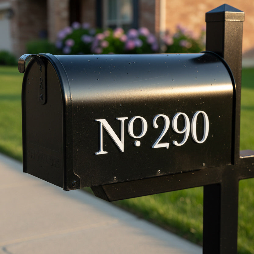 Black mailbox with 'No 290' address on a residential street