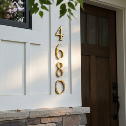 Gold house numbers '4680' on a white door with a wooden door and window in the background.