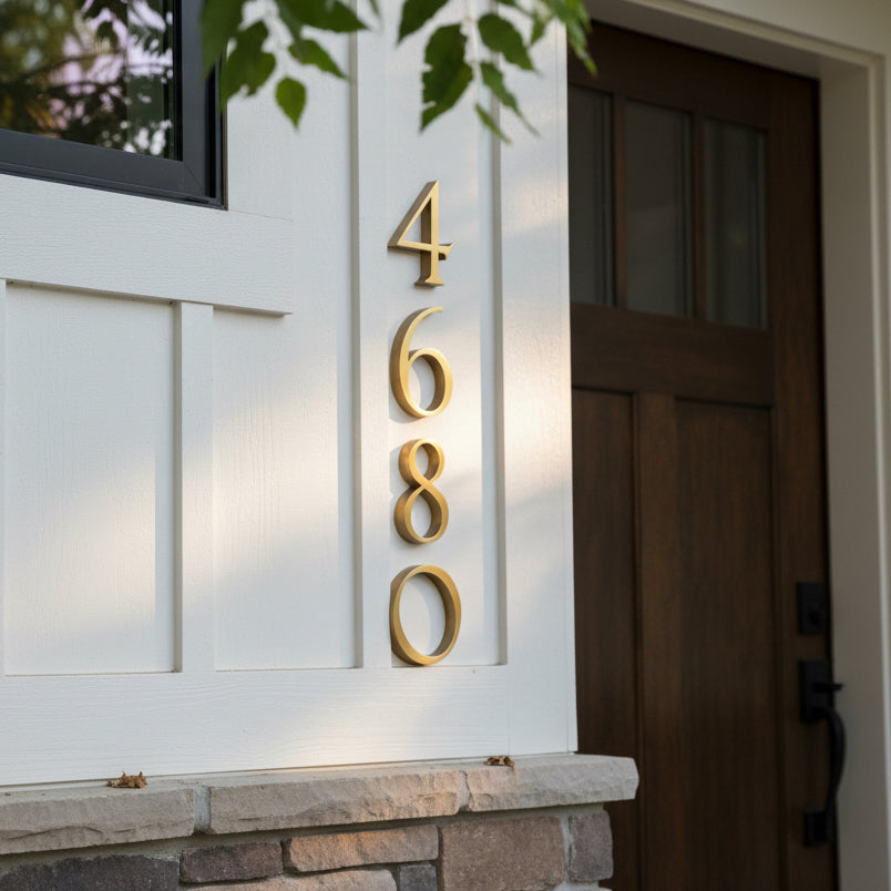 Gold house numbers '4680' on a white door with a wooden door and window in the background.