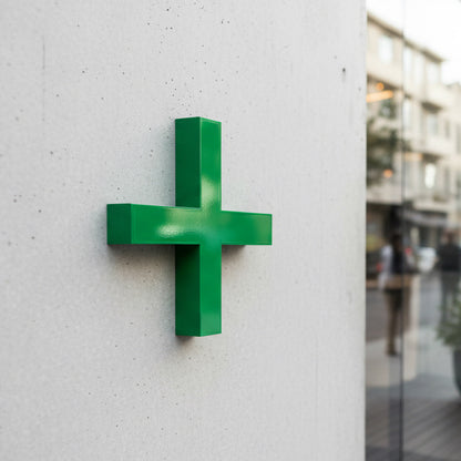 Green cross sign on a concrete wall with a blurred urban background