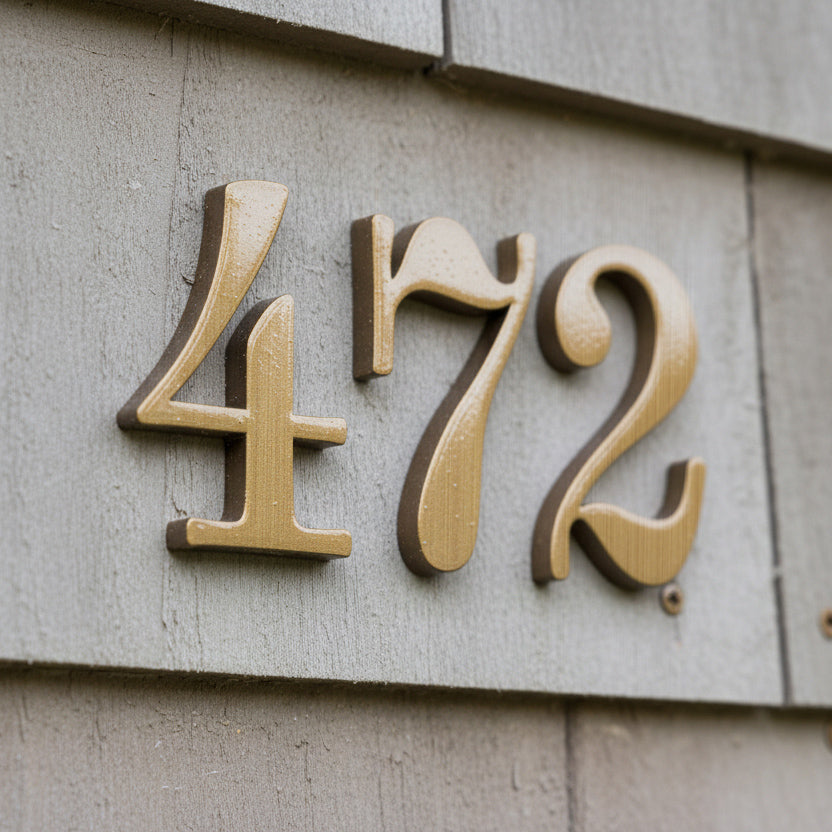 Gold house numbers '472' on a concrete wall